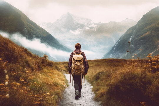 Hiker walking to mountains.Image ai generate