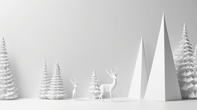 A group of paper christmas trees and deer. Generative AI background with copy space.