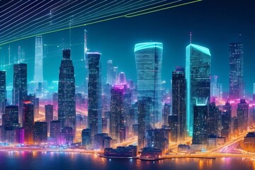city skyline at night. Data-Driven Insights: Illuminating the Smart City Landscape with Vibrant Visuals. City infrastructure hologram. colorful