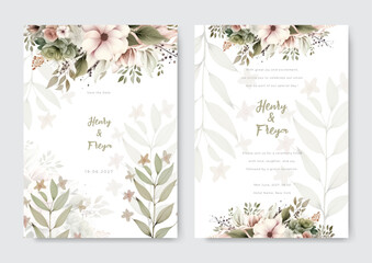 Beautiful wedding invitation card template with spring leaves and flower