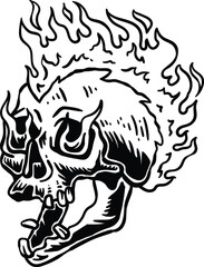 skull illustration with flaming punk fire head