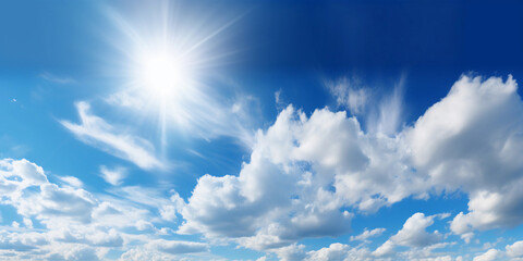 Blue sky with clouds and sun reflection. The sun shines bright in the daytime in summer.Image ai generate