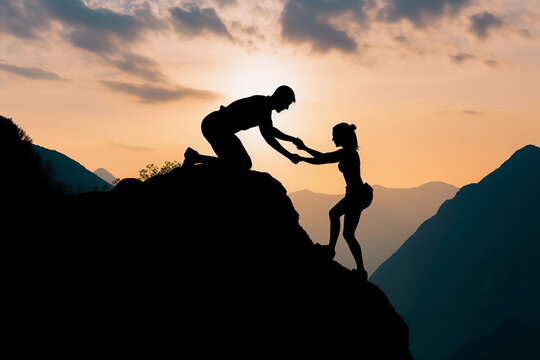 Silohuette of Teamwork couple climbing helping hand.Image ai generate