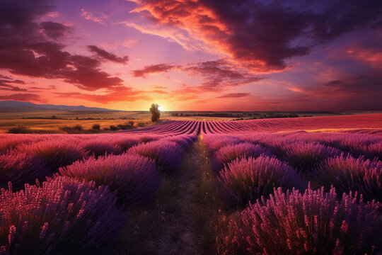 Stunning landscape with lavender field at sunset.Image ai generate
