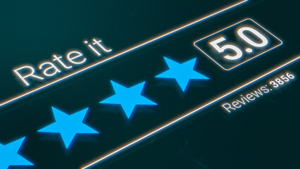 feedback about customer service, quality rating or product review, from 5 stars, counting reviews and score (3d render)