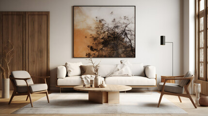 Stylish Interior with an Abstract Mockup Frame Poster, Modern interior design, 3D render, 3D illustration
