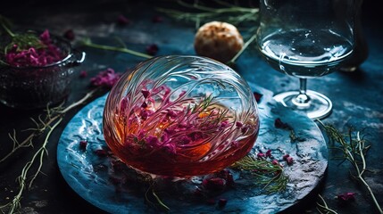 Fototapeta na wymiar a glass bowl with flowers inside of it on a plate. generative ai