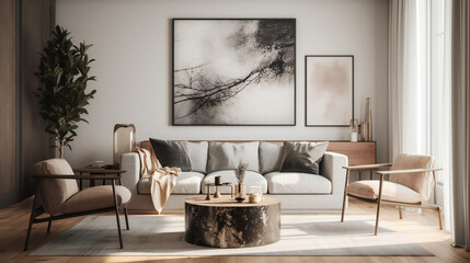 Stylish Interior with an Abstract Mockup Frame Poster, Modern interior design, 3D render, 3D illustration