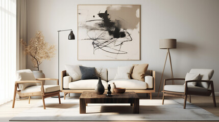 Stylish Interior with an Abstract Mockup Frame Poster, Modern interior design, 3D render, 3D illustration