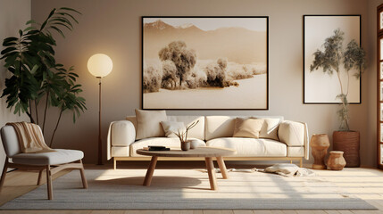 Stylish Interior with an Abstract Mockup Frame Poster, Modern interior design, 3D render, 3D illustration