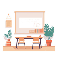 classroom with a clean and modern design, featuring ergonomic desks and chairs, blackboard