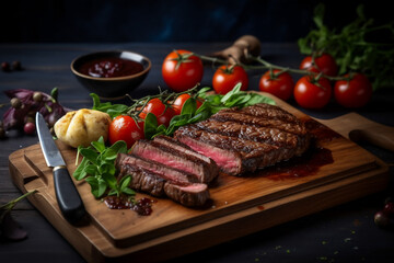 Slices of medium rare roast beef meat on wooden cutting board.by Generative AI.