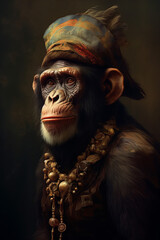 An anthropomorphic chimpanzee in a renaissance painted style.
