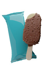 Chocolate covered ice cream with packet 3d render mockup.