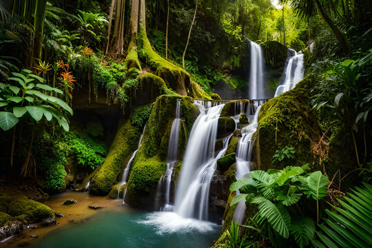 waterfall in jungle, blue water flowing swiftly