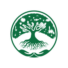 Root Leaf Family Tree of Life Oak Banyan Maple Stamp Seal Emblem Label logo