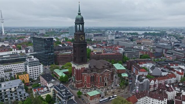 Drone shot of St. Michael's Church ( Hauptkirche St. Michaelis )  Hamburg , Germany . it is a landmark of the city and it is considered to be one of the finest Hanseatic Protestant baroque churches.