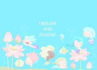 Cute Mermaids and Funny Fish on Blue Background