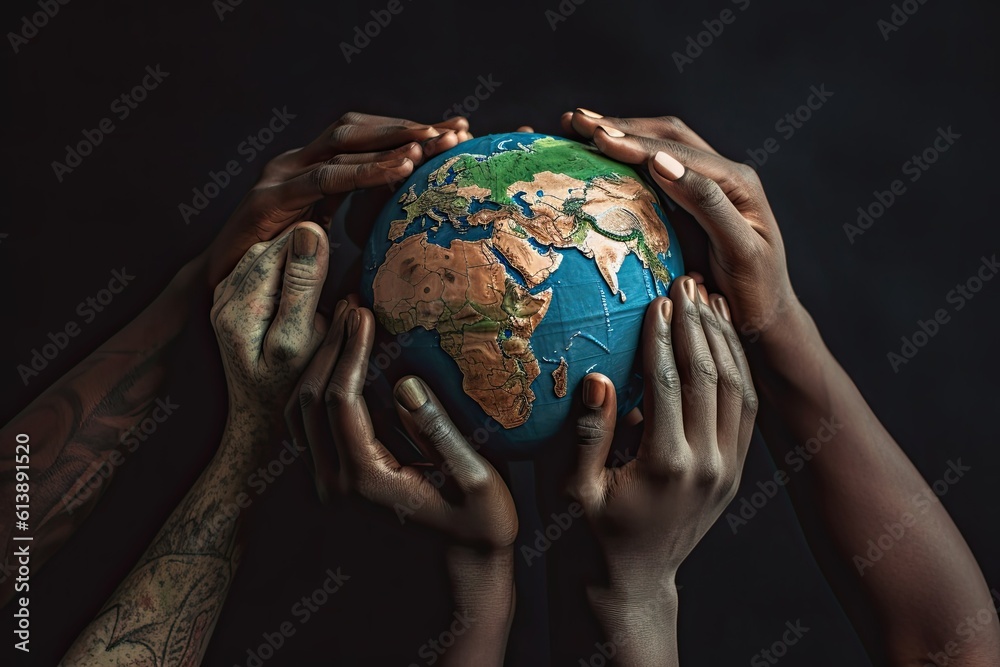 Wall mural conceptual peace symbol of african black hands making a circle together around the earth globe again