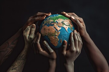 Conceptual peace symbol of african black hands making a circle together around the Earth globe against black background