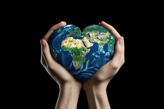 Happy Earth world humanitarian day concept illustration.Hands holding a globe shaped heart against black background