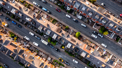 Aerial view directly above the rooftops of a block of back to back terraced houses in the North of England