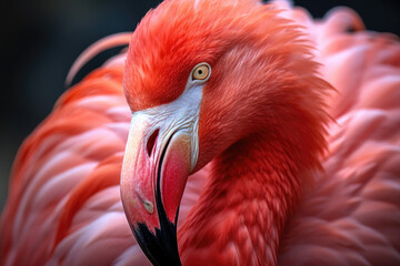 Pink flamingo close up portrait. Generative AI.

