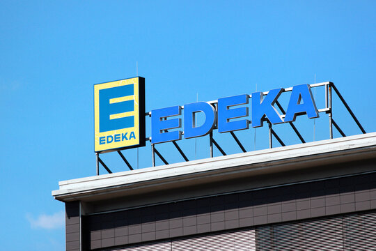 Chemnitz, Germany - June 11, 2023: Logo of an EDEKA chain store in Chemnitz. The EDEKA Group is the largest German supermarket corporation.