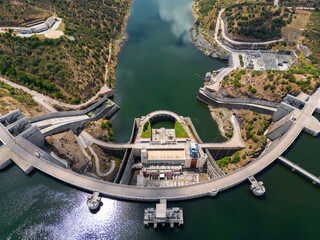 Aerial. View from the sky of the Alqueva dam on the river Guadiana.
