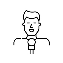 TV news reporter. Smiling young man holding a microphone. Pixel perfect, editable stroke