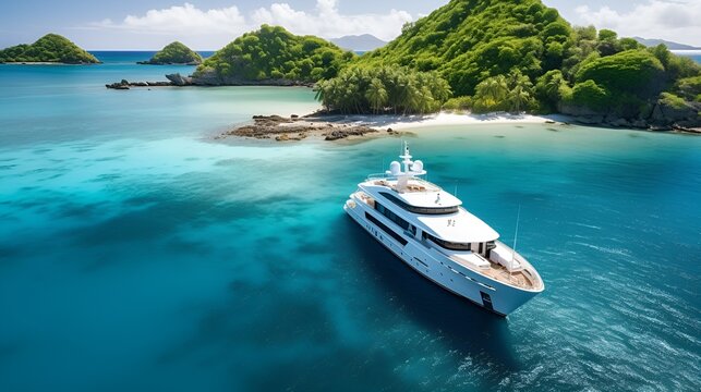 Luxurious yacht in a secluded bay, surrounded by turquoise waters and tropical paradise