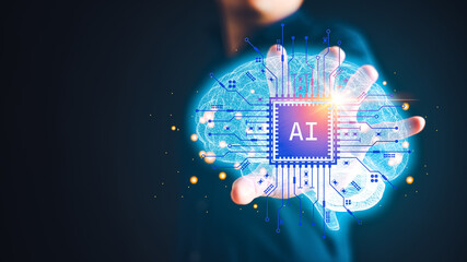 Artificial intelligence AI brain circuit board in shape electronic PCB circuit icon symbol...
