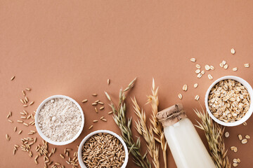 Oat ingredients from dry flakes, flour, whole grains and non dairy alternative milk top view. Healthy and organic dietary and vegetarian food. - 613894714
