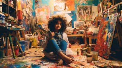 Mała artystka: Dziewczynka z pędzlem w pracowni, AI generated. - obrazy, fototapety, plakaty