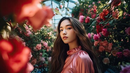 Dziewczyna w palmiarni z pięknymi różowymi kwiatami AI generated