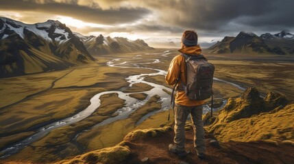 Podróżnik, z plecakiem, patrzy, na horyzont, pokrętne koryto rzeki, góry, majestatyczny widok. AI generated - obrazy, fototapety, plakaty