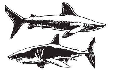 Graphical set of sharks isolated on white, great white sharks. Vector illustration
