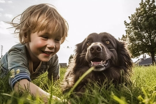 Amitié chien et enfant dans la nature. Photo générée par IA