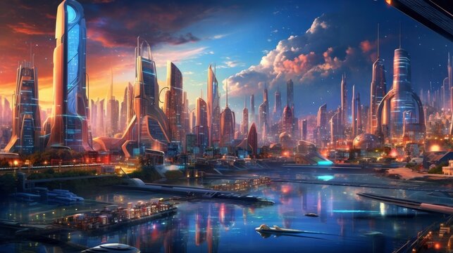 Futurystyczne, miasto, drapacze chmur, ilustracja, nad wodą, rzeką,  styl życia, w przyszłości, piękny, dzień, AI generated