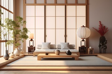 Fototapeta na wymiar japanese modern living room minimal interior, generative ai