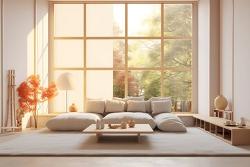 zen modern living room japan style minimal interior, generative ai