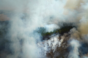 View from above of dense smoke from woodland and field on fire rising up polluting air. Concept of...