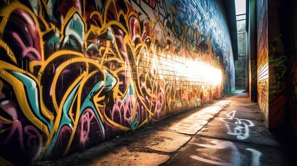 Fototapeta na wymiar a wall covered in lots of graffiti next to a sidewalk. generative ai