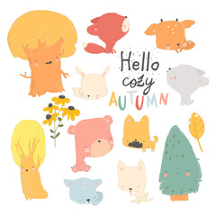 Cartoon Autumn Set with Woodland Animals and Trees