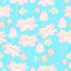 Seamless Pattern with Pastel Lotuses on Blue Background
