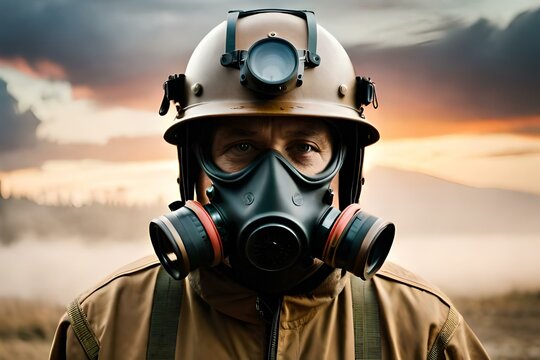person in gas mask, firefighter wearing protective facial mask
