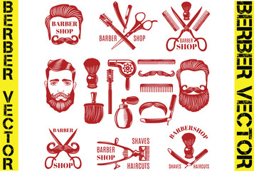 Vintage barber elements set,
Vector monochrome collection barbershop tools,
Barber shop elements for logo, labels and badges.
Vintage barber hipster labels,
Monochrome vintage barber shop elements 