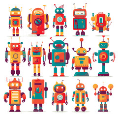 Set of cartoon childish robots wave hand, say hello. Cyborgs, retro, futuristic modern bots, android in flat vector illustration isolated on white background