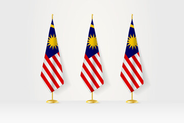 Three Malaysia flags in a row on a golden stand, illustration of press conference and other meetings.