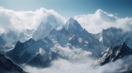 Fototapeta na wymiar a mountain range covered in snow and clouds in the daytime. generative ai
